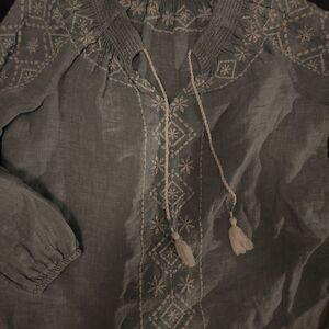 Embroidered Boho Peasant Linen Blouse in Sage Green